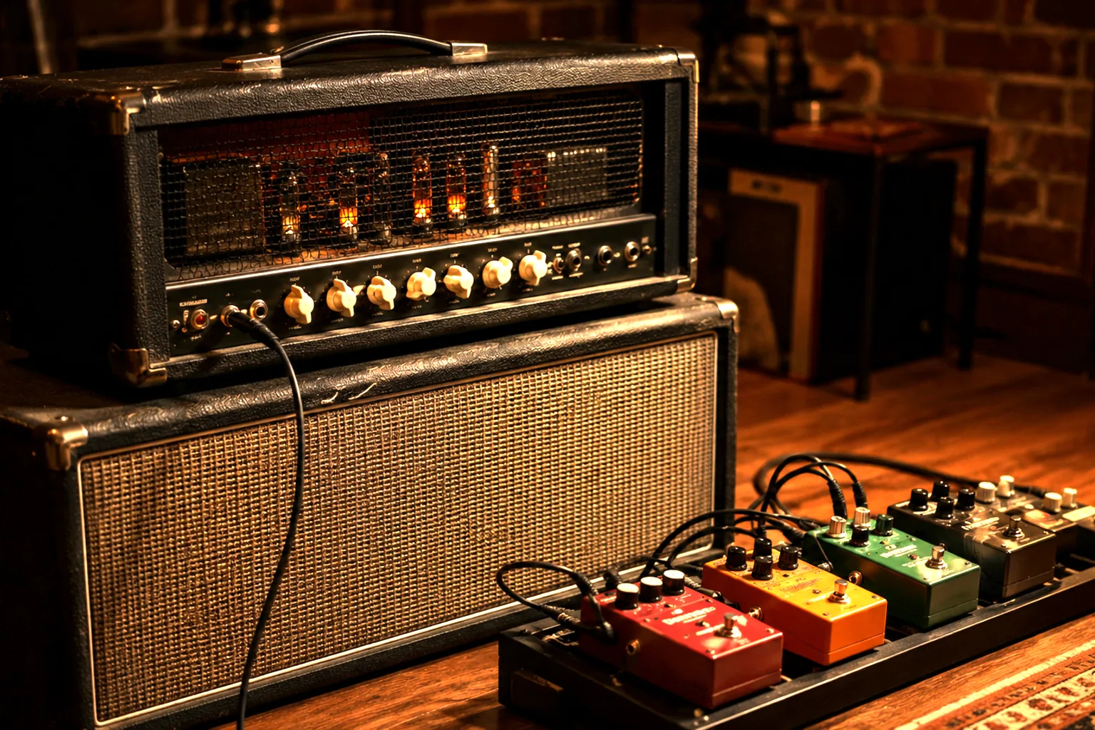 Guitar amplifier and pedalboard setup on stage with cables connected