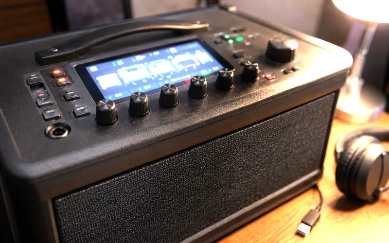 Digital modeling guitar amplifier with LCD screen showing amp model selection