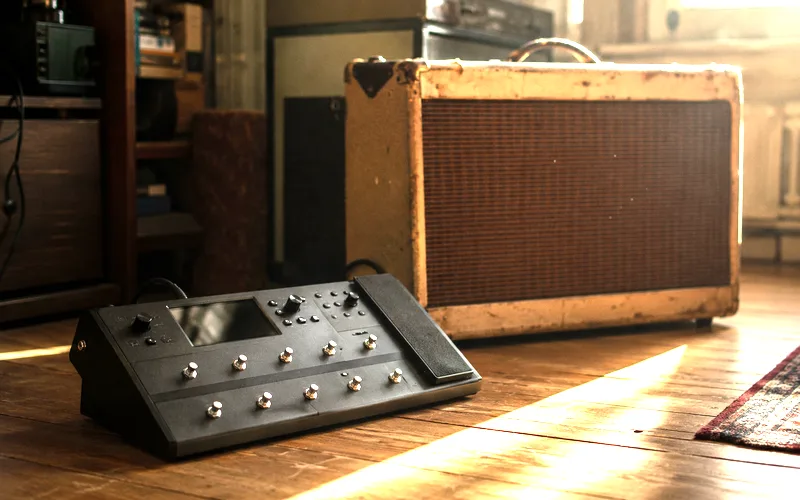 Side by side comparison of digital modeler and vintage tube amp guitar setup