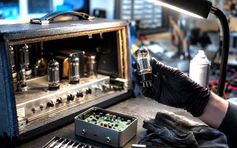 Guitar amplifier being maintained with tube replacement and pedal cleaning