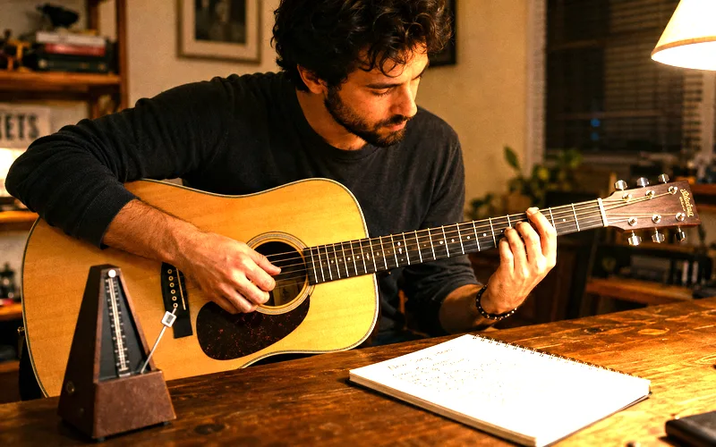 Guitarist practicing acoustic guitar at a desk with a metronome and notebook nearby