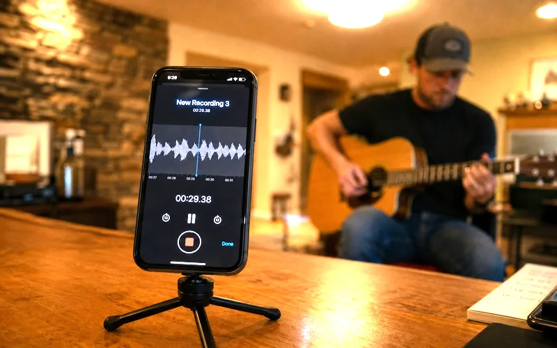 Smartphone propped on a desk recording a guitarist playing acoustic guitar