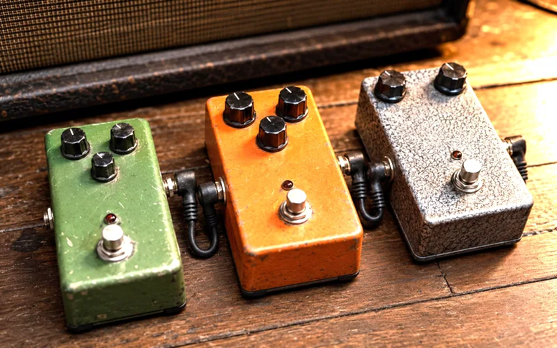 Three guitar effect pedals showing overdrive, distortion, and fuzz side by side