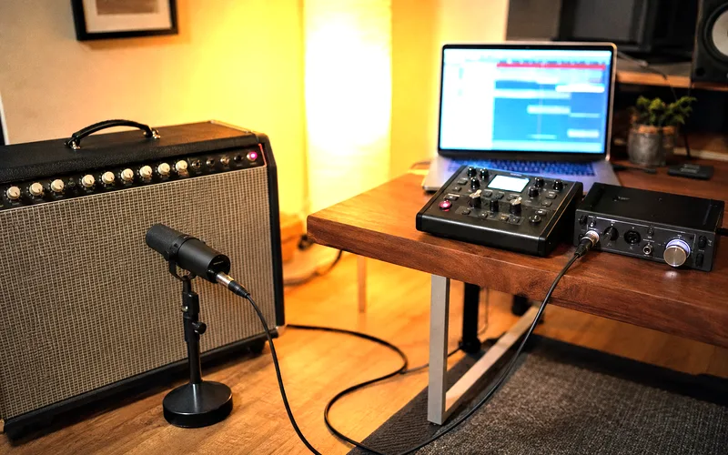 Split image showing recording with a miked tube amp versus direct connection with digital modeler