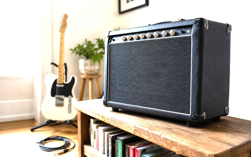 Modern solid-state guitar amplifier combo in a practice room setting