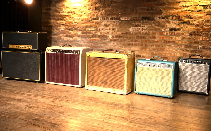 Lineup of amplifiers from top guitar amp brands including Fender, Marshall, and Vox