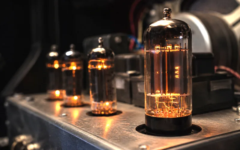 Close-up of glowing vacuum tubes inside a guitar tube amplifier