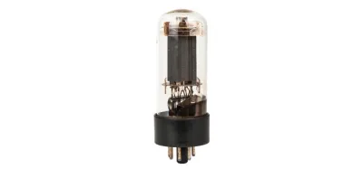 Glowing 6V6 vacuum power tube in a guitar amplifier chassis