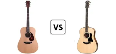 Martin DX1AE and Taylor 110 dreadnought acoustic guitars side by side