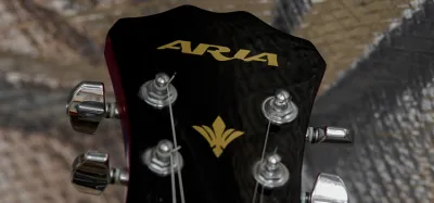 Aria acoustic guitar resting against a wall, showing its body and headstock