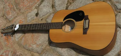 A 12 string guitar capo clamped on an acoustic guitar fretboard