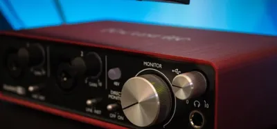 Audio interface connected to an electric guitar for home recording