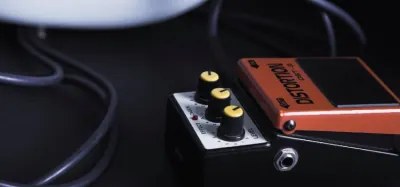 Distortion pedals lined up for dialing in an 80s metal guitar tone