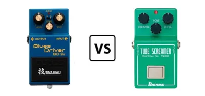 Boss Blues Driver and Ibanez Tube Screamer overdrive pedals side by side