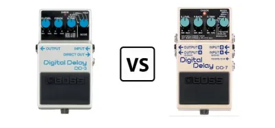 Boss DD-3 and DD-7 digital delay pedals side by side for comparison