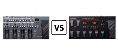 Boss ME-80 and Boss GT-100 multi-effects pedals side by side for comparison