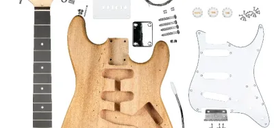 DIY guitar kit parts laid out ready to build your own electric guitar