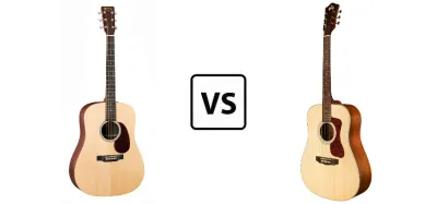 Guild D-240E and Martin DX1AE acoustic-electric dreadnought guitars compared side by side