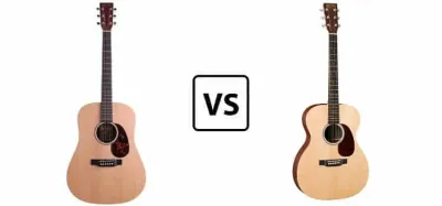 Martin 000X1AE auditorium and DX1AE dreadnought acoustic-electric guitars side by side