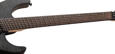 Close-up of a fanned fret multiscale guitar neck showing angled frets