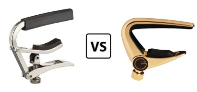 Shubb bolt-style capo next to a G7th spring-loaded performance capo