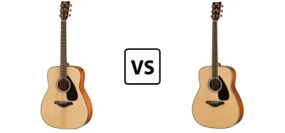 Yamaha FG800 and FG820 dreadnought acoustic guitars side by side